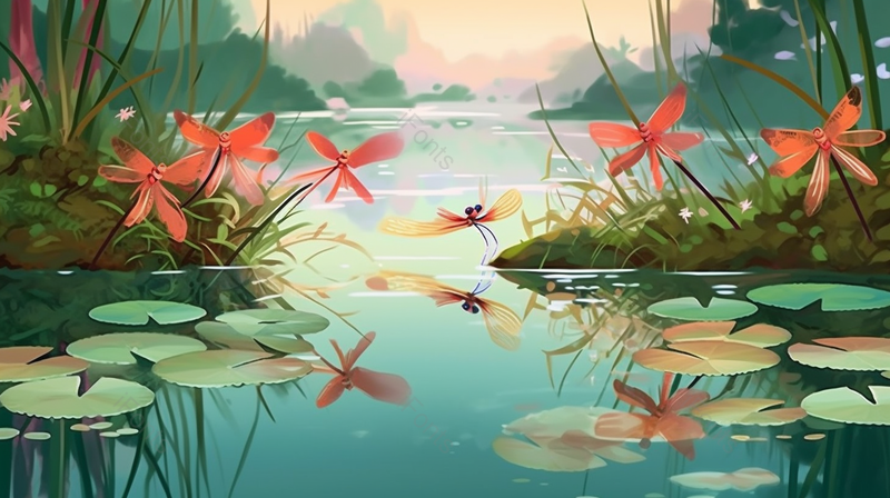 绿色池塘里荷叶上的蜻蜓插画背景,插画/手绘图,插画/手绘图库,插画/手绘图下载,插画/手绘